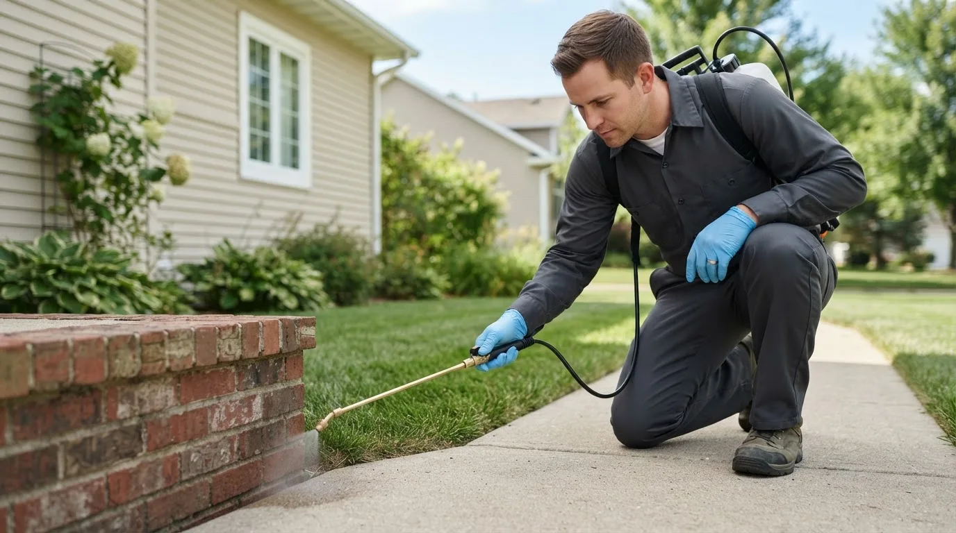 Pest control technician treating a home near Overton, NE