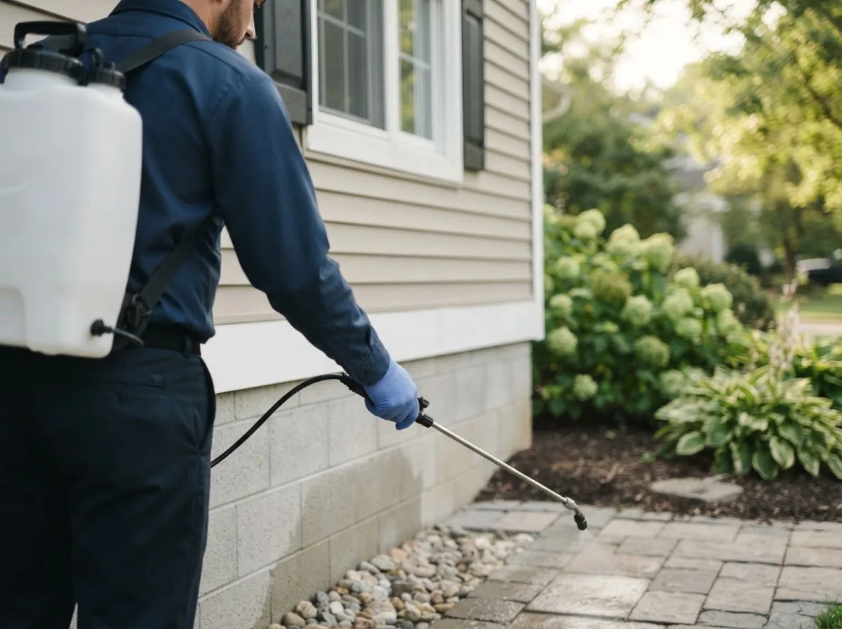 Pest control technician inspecting a home in Overton, NE